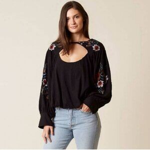 Free People Lita Embroidered Cut Out Top Black Floral Sz Small